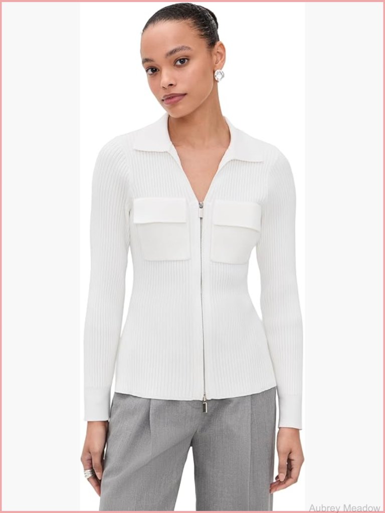 Womens Knit Cardigan With Collared Neck And Pocket Details Ribbed Fabric
